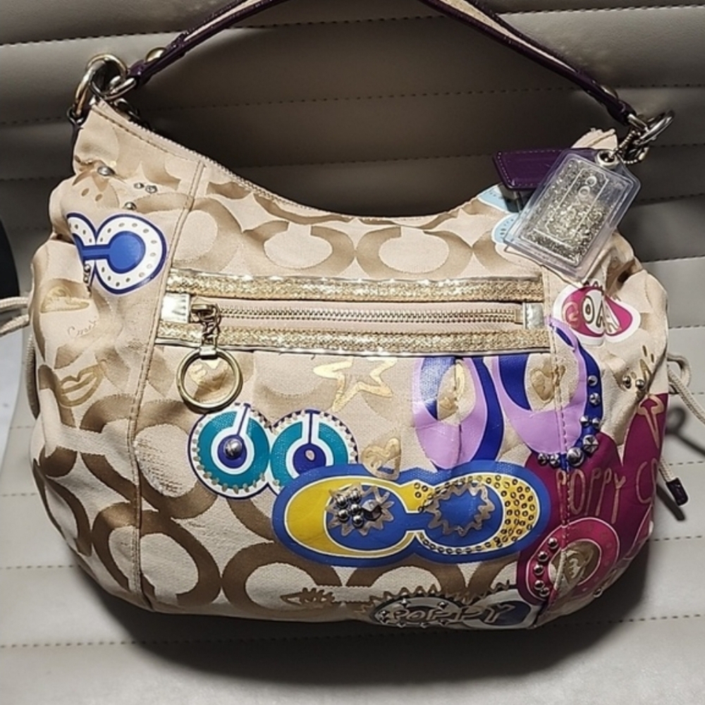 Y2K COACH Poppy Graffiti Glam Tote Crossbody Signature Rare Bag Purse 2 Hangtag - Picture 17 of 17